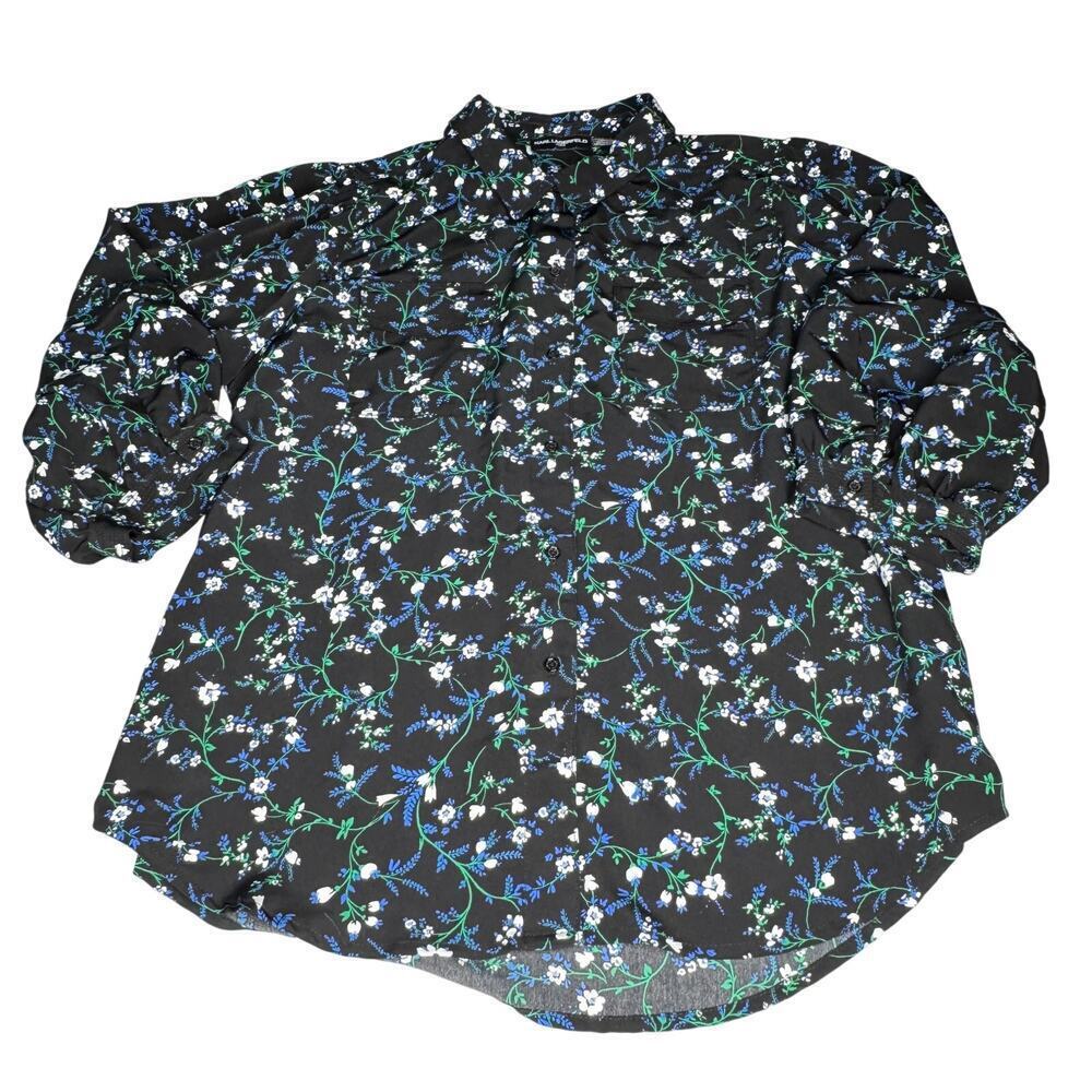 Karl Lagerfeld Paris Women's sz XL Blouse Black Floral Button up 3/4 Sleeves